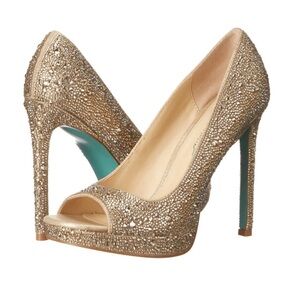 Betsey Johnson Rhinestone Pumps Heels Platforms Peep Toe Sexy Gold 7 1/2 NIB